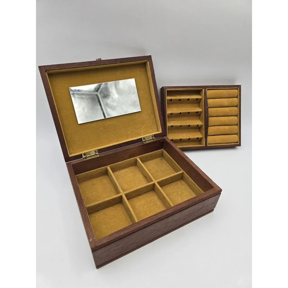 Tapestry Jewelry Chest Box Wood 2-tier Gold Velvet  Pat Yoshikawa Japan Gleaners